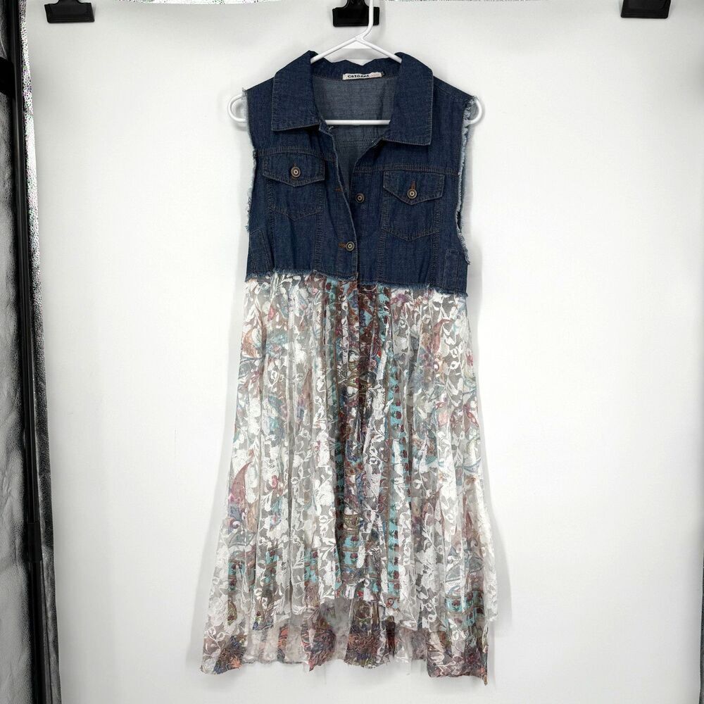 Origami Denim White Lace Vest Cardigan Duster Boho Western Fairy Women Size S/M